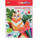 Картон цветной №1School, 24л,12цв,А4, мелов, ColorPics в папке