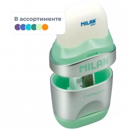 Ластик-точилка Milan CAPSULE SILVER+2 зап.ластика, цв в асс, блистBYM10356